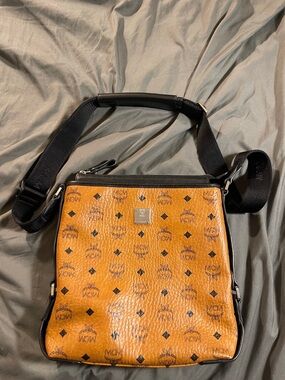 MCM Cognac Visetos Logo Messenger Bag with Black Trim